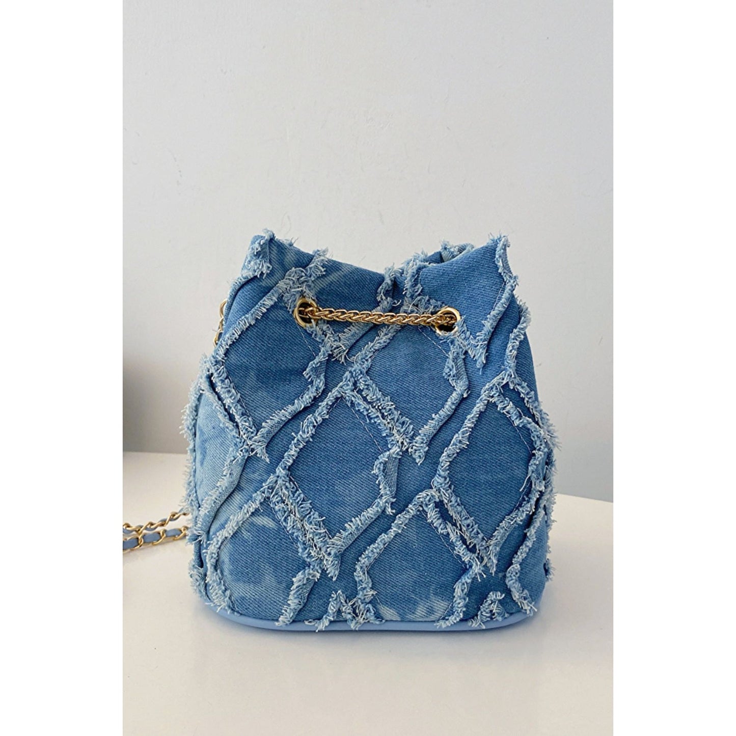 Chain Drawstring Raw Edge Denim Bucket Bag