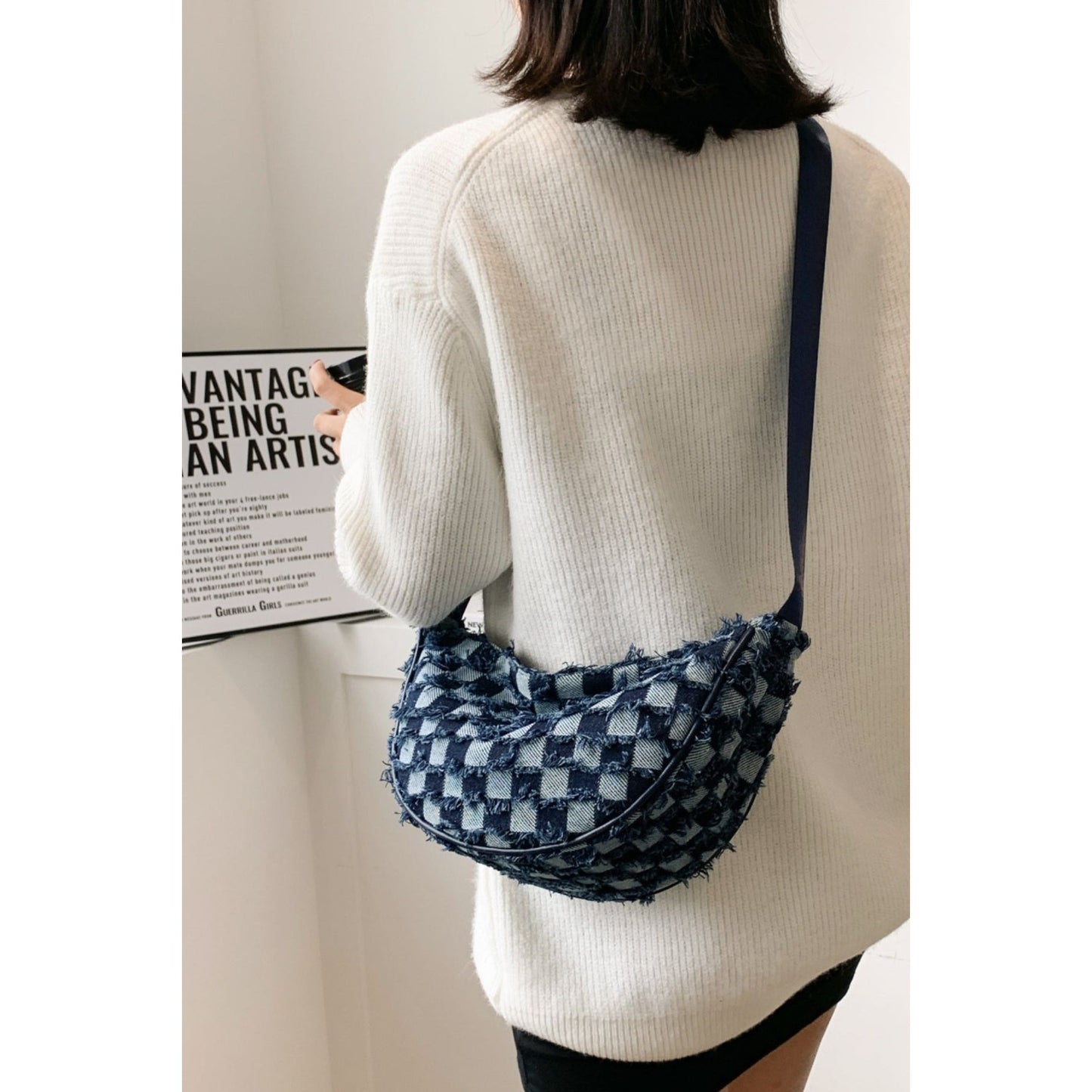 Raw Hem Checkered Denim Crossbody Bag