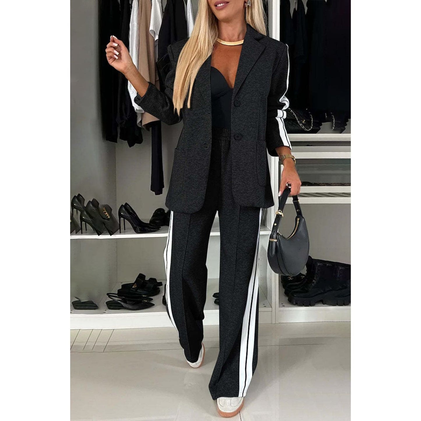 Full Size Contrast Lapel Collar Top and Pants Set