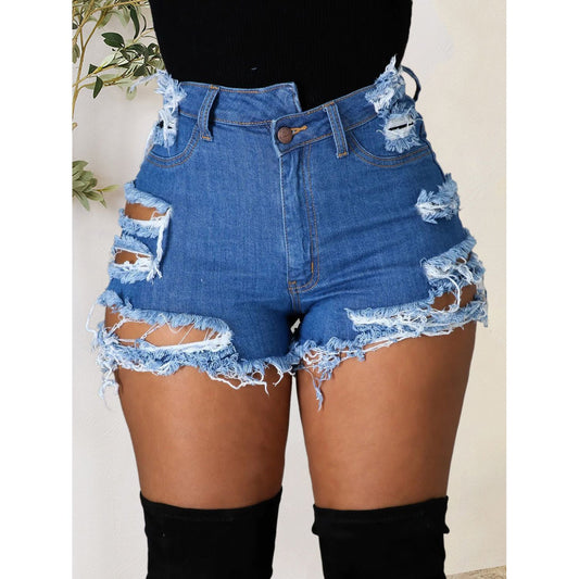 Distressed Raw Hem Denim Shorts with Pockets - TiffanyzKlozet