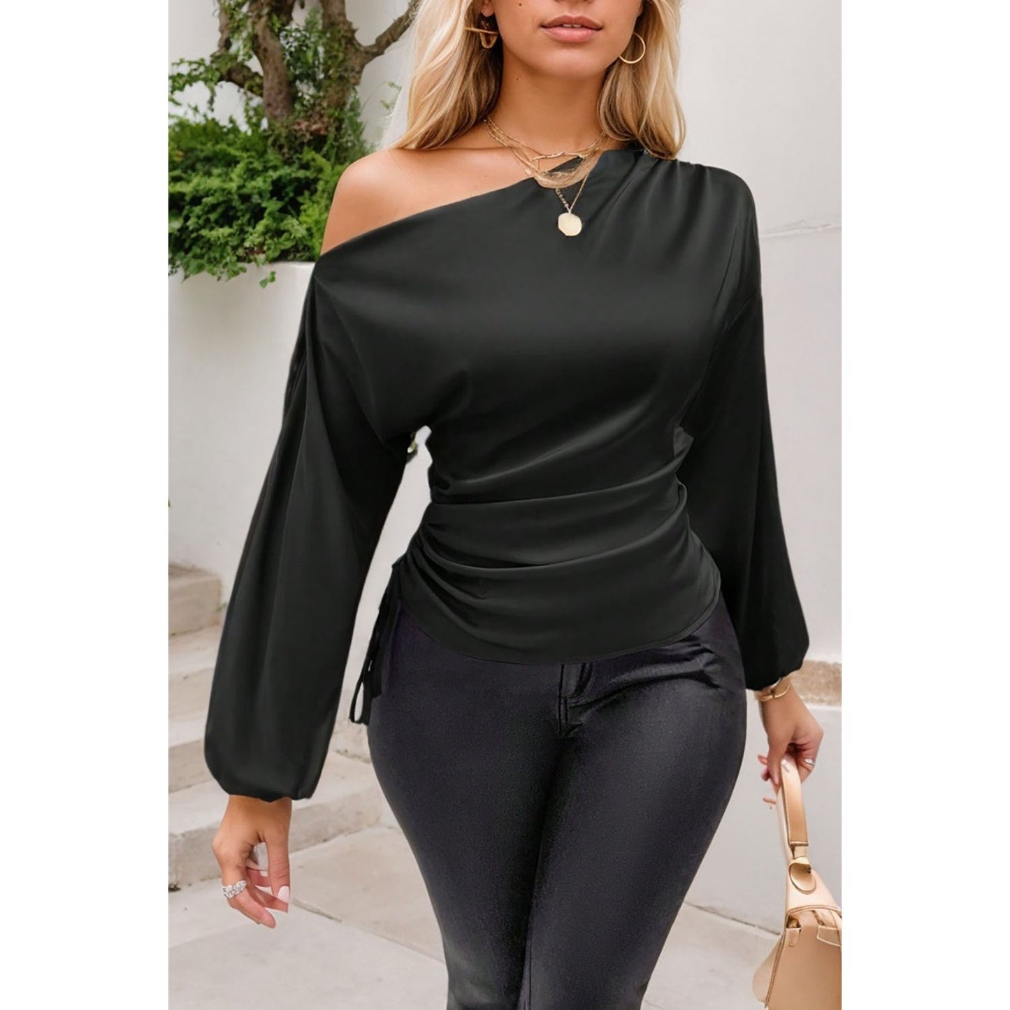 Drawstring One Shoulder Long Sleeve Blouse