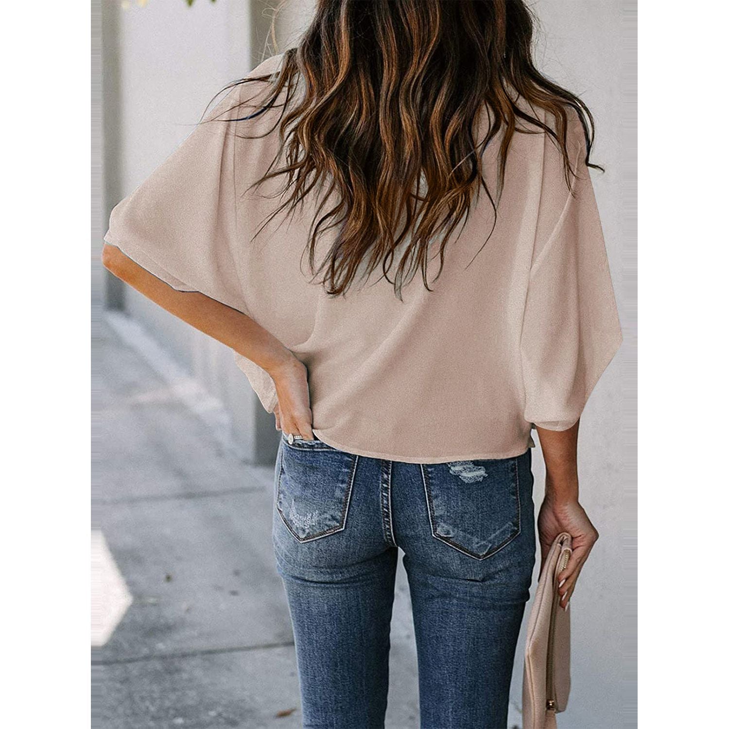 Full Size Cowl Neck Three-Quarter Sleeve Blouse - TiffanyzKlozet