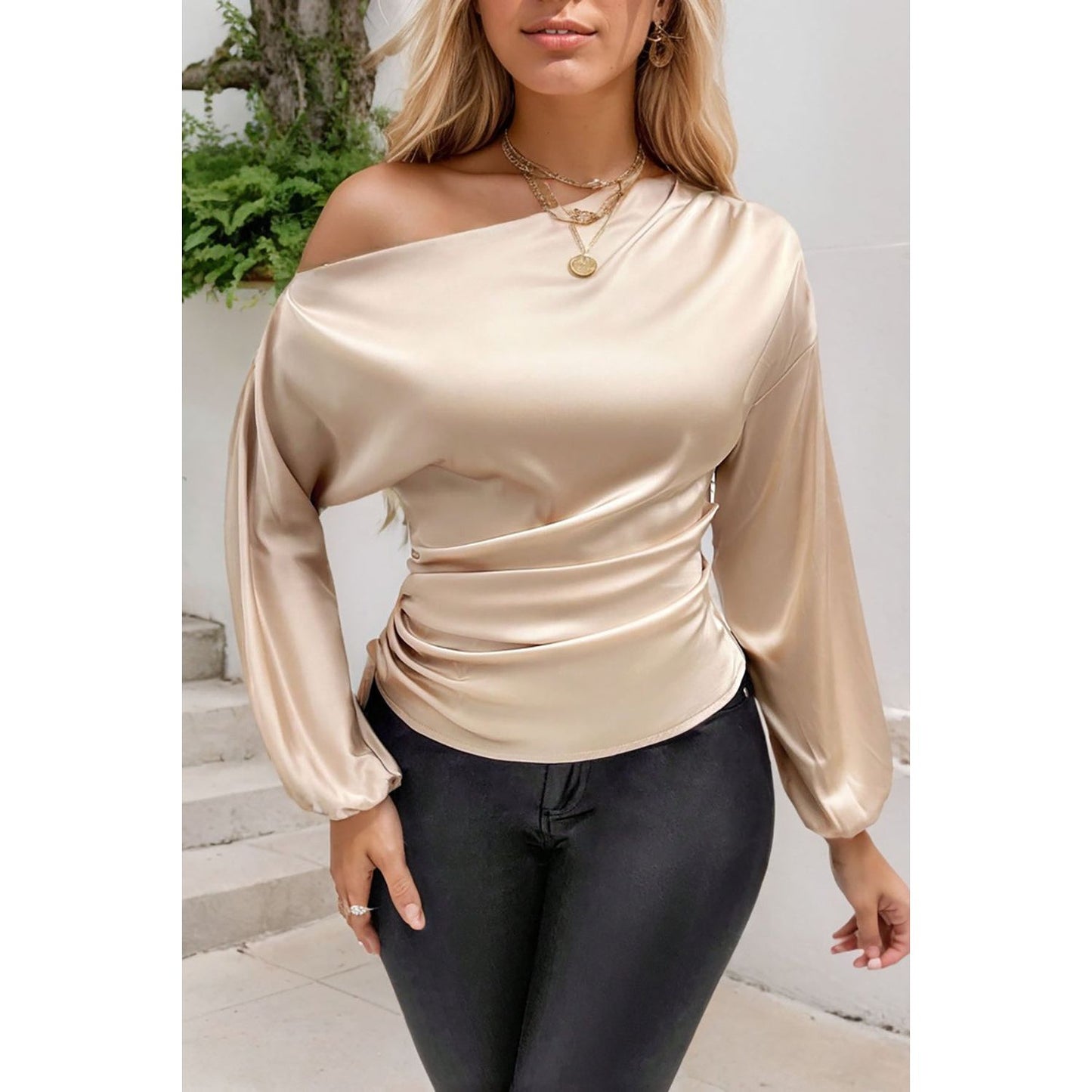 Drawstring One Shoulder Long Sleeve Blouse