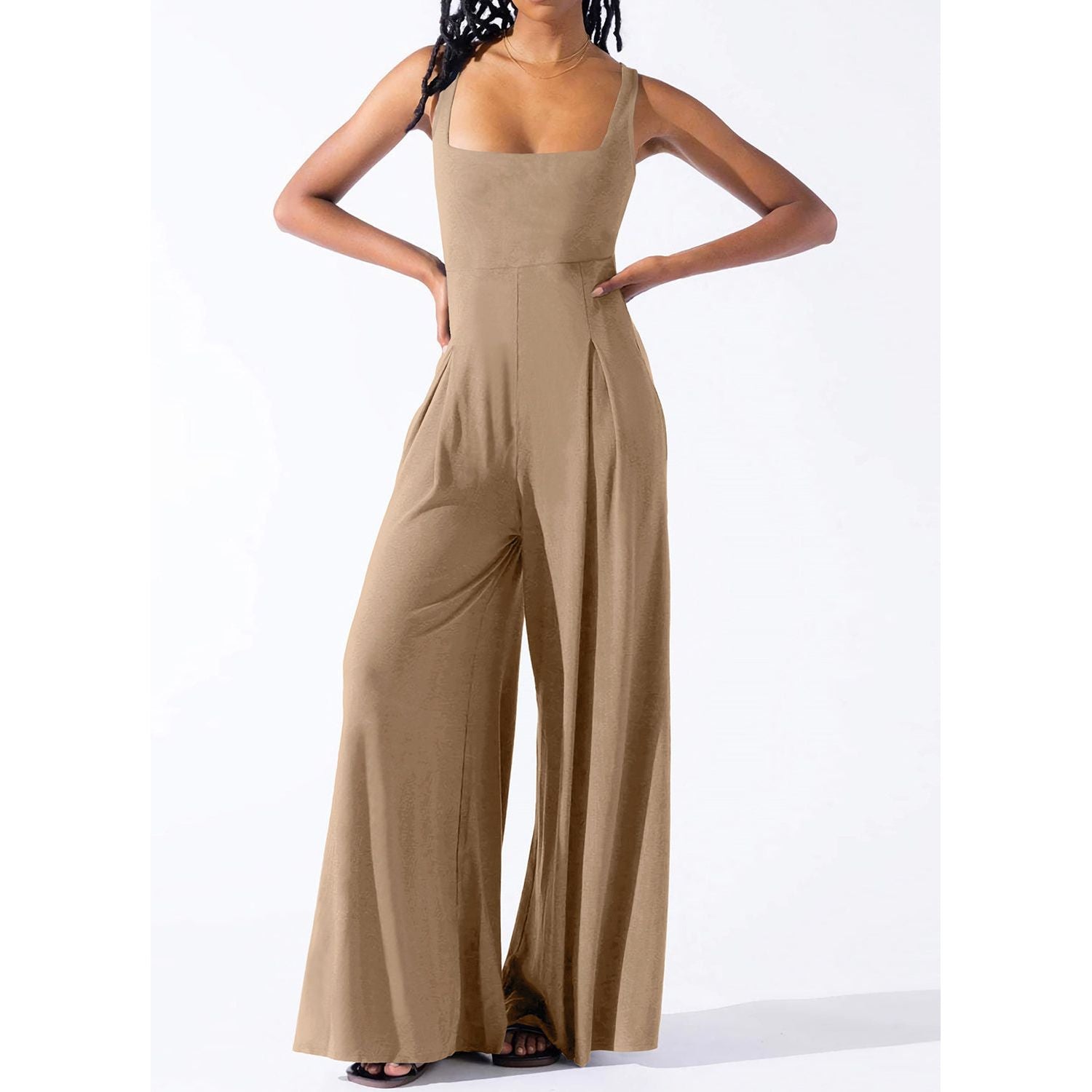 Square Neck Wide Strap Jumpsuit - TiffanyzKlozet