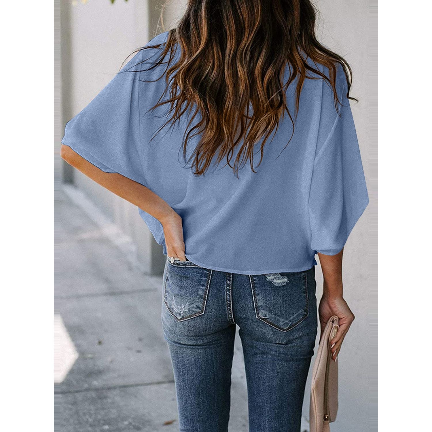 Full Size Cowl Neck Three-Quarter Sleeve Blouse - TiffanyzKlozet