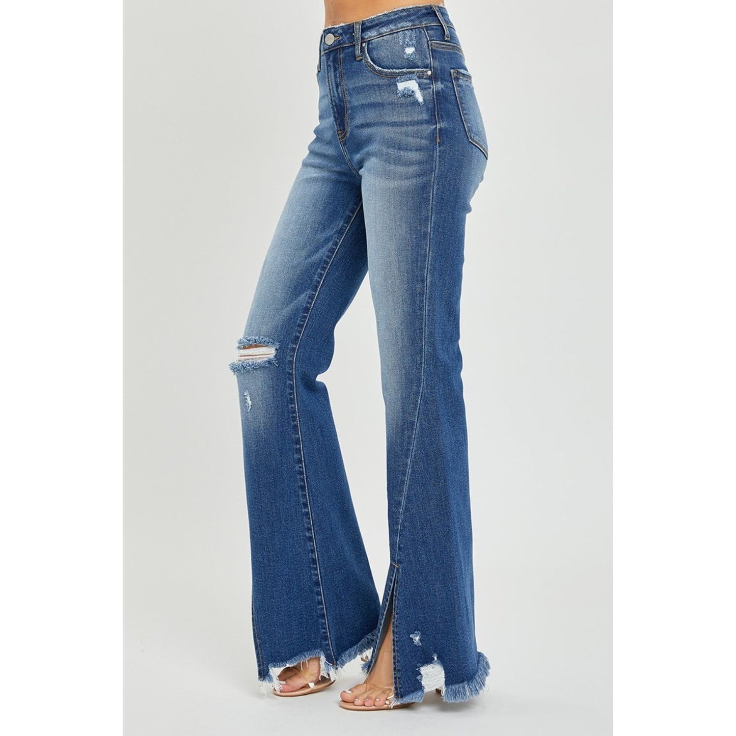 RISEN Full Size High Rise Front Slit Frayed Hem Flare Jeans