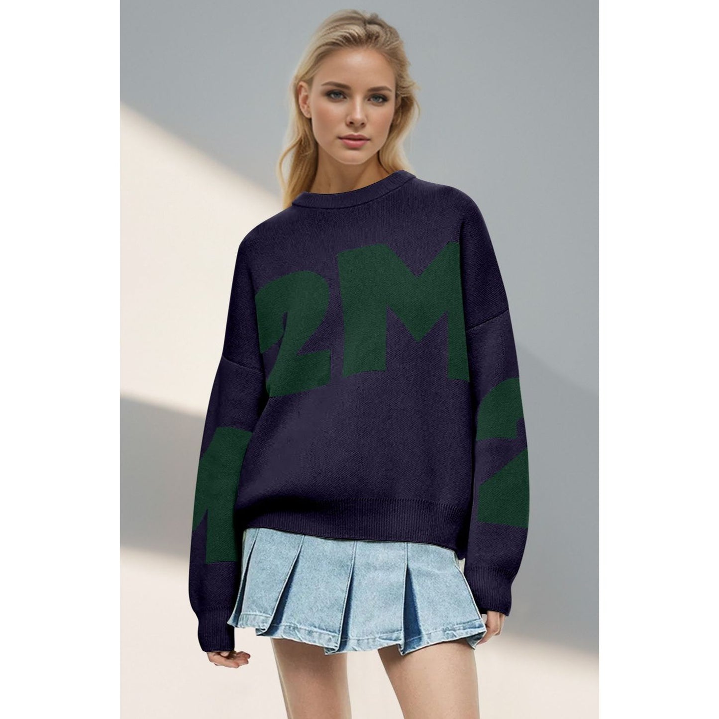 Basic Bae Contrast Letter Round Neck Long Sleeve Sweater