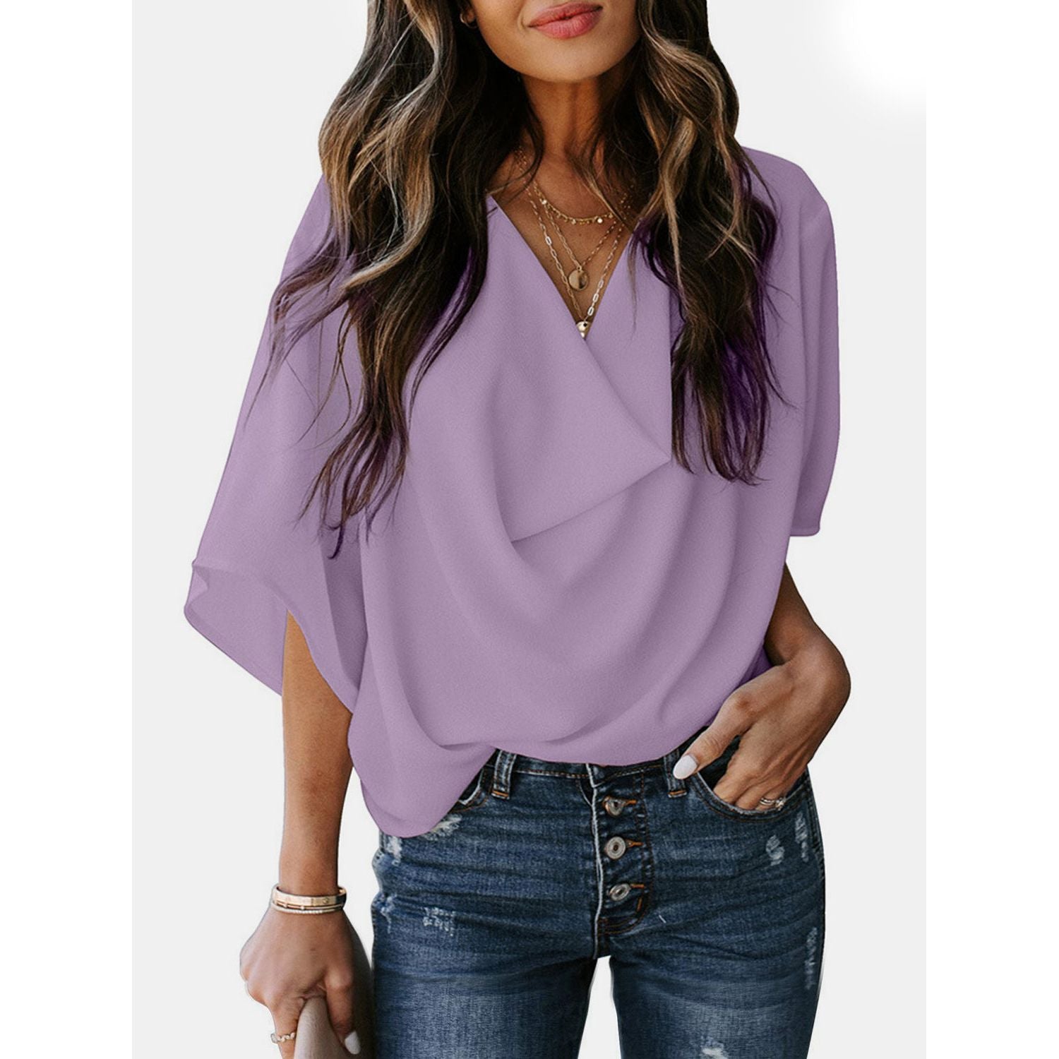 Full Size Cowl Neck Three-Quarter Sleeve Blouse - TiffanyzKlozet