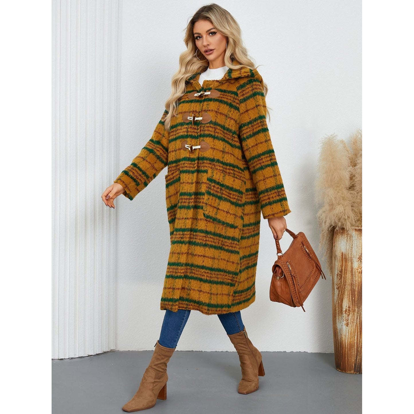 Plaid Long Sleeve Hooded Coat with Pockets