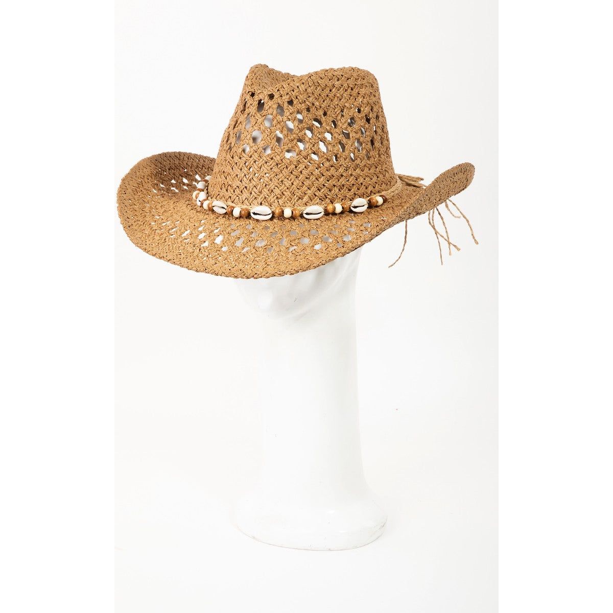 Fame Cowrie Shell Beaded String Straw Hat - TiffanyzKlozet