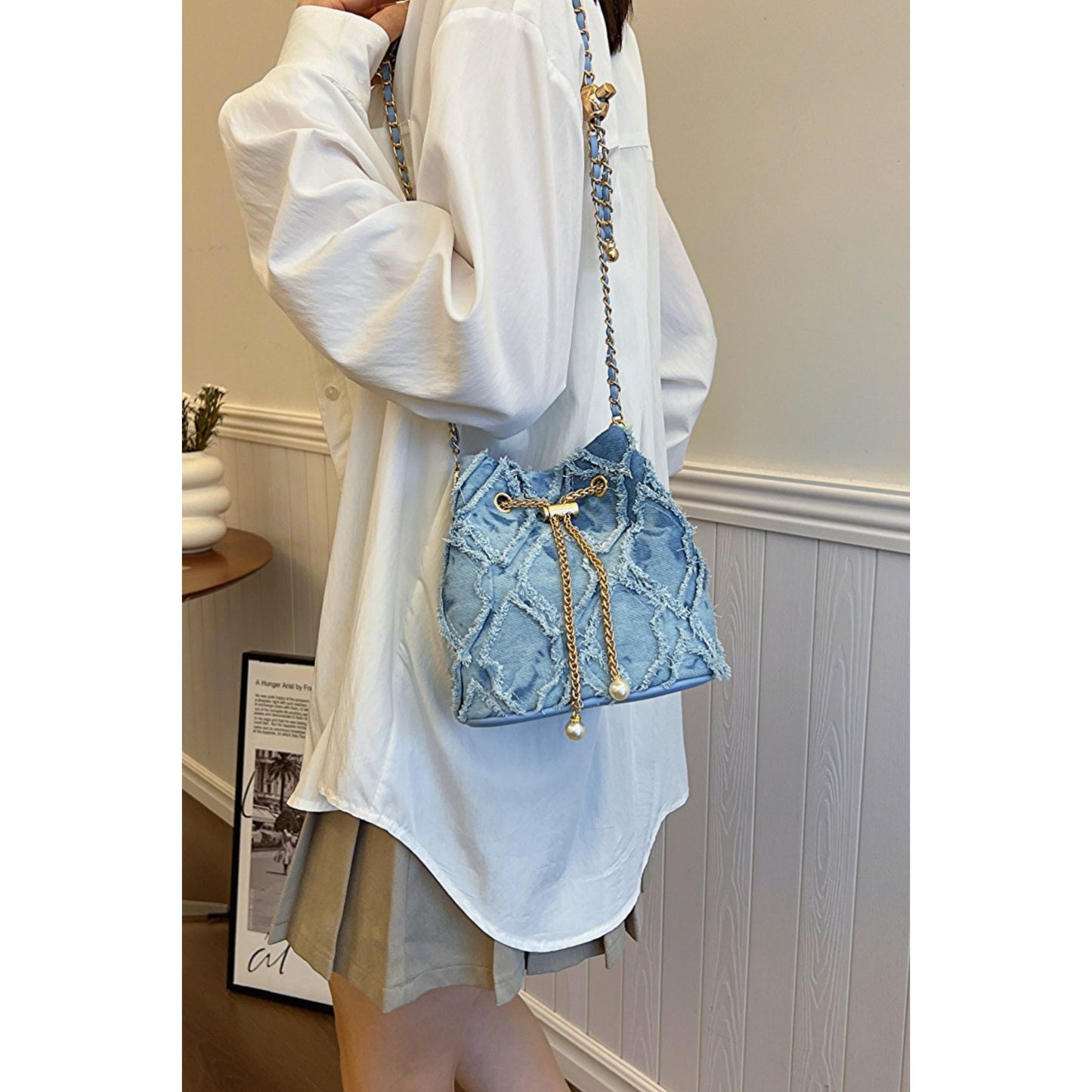 Chain Drawstring Raw Edge Denim Bucket Bag