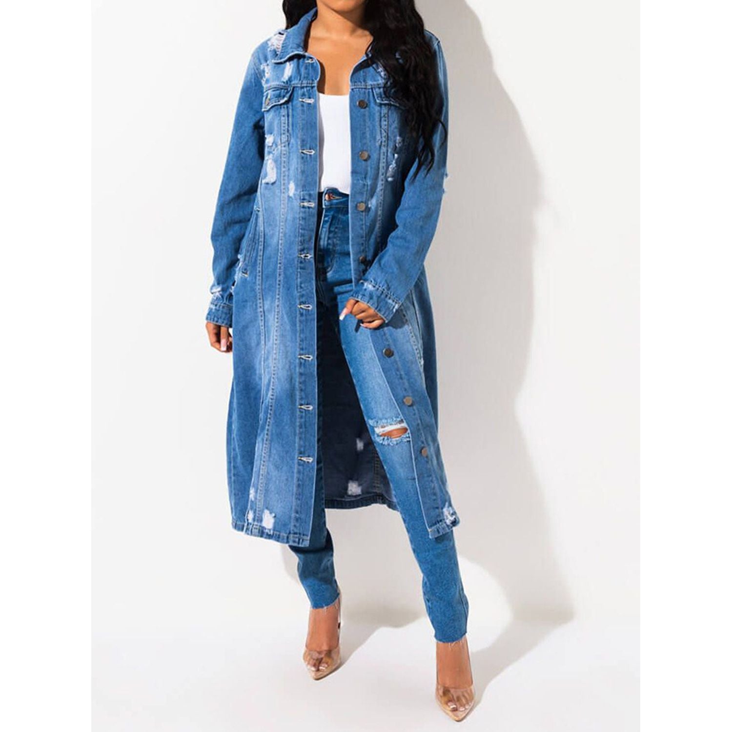 Long Sleeve Raw Hem Denim Jacket - TiffanyzKlozet