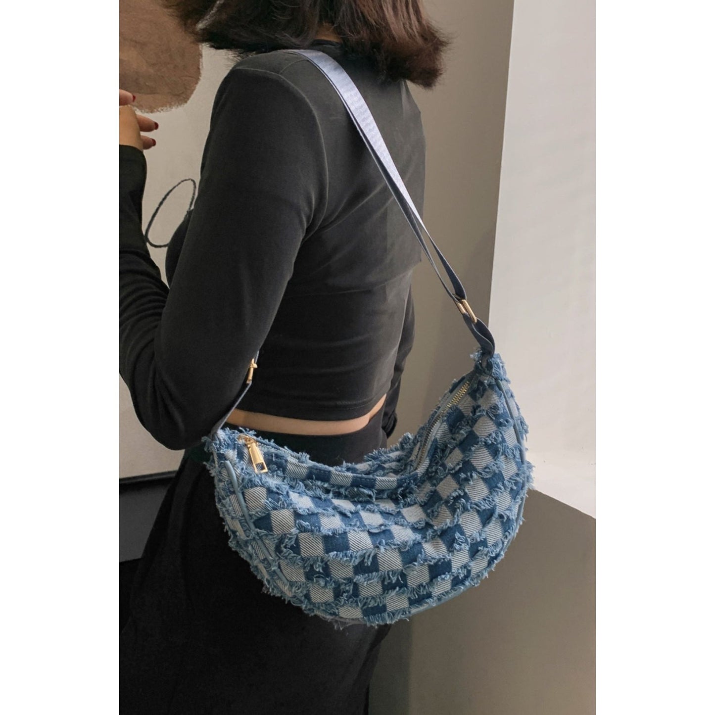 Raw Hem Checkered Denim Crossbody Bag