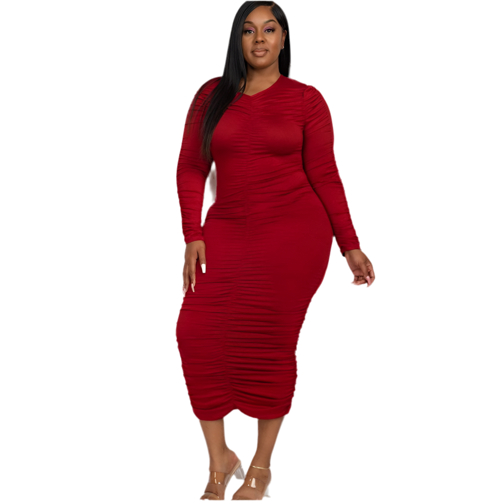 Ruched Long Sleeve Midi Dress