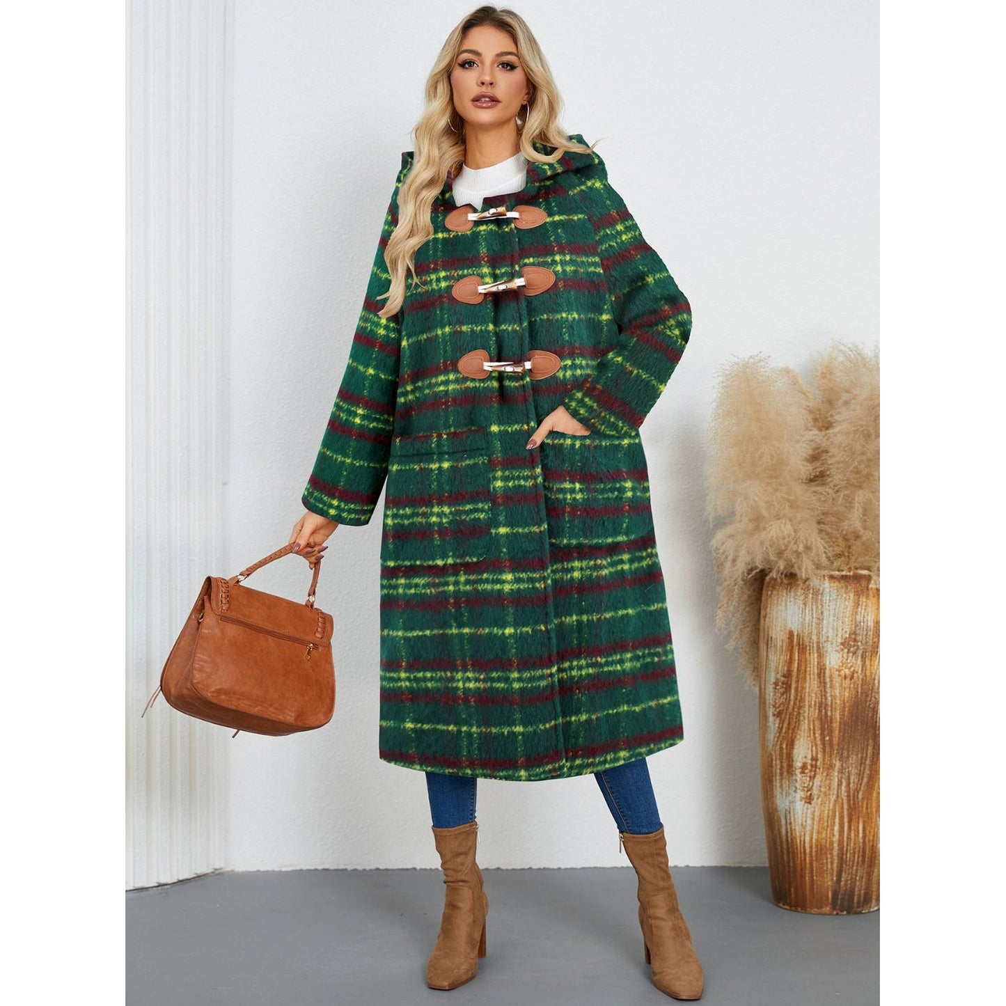 Plaid Long Sleeve Hooded Coat with Pockets