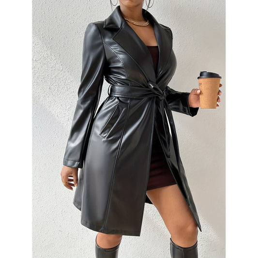 Faux Leather Trench Coat w/ Tie