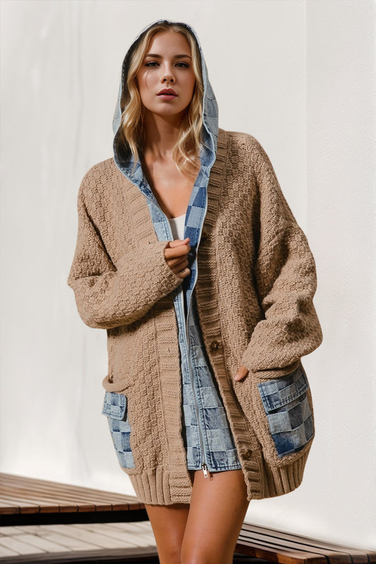 Double TakeHooded Denim Spliced Sweater Cardigan