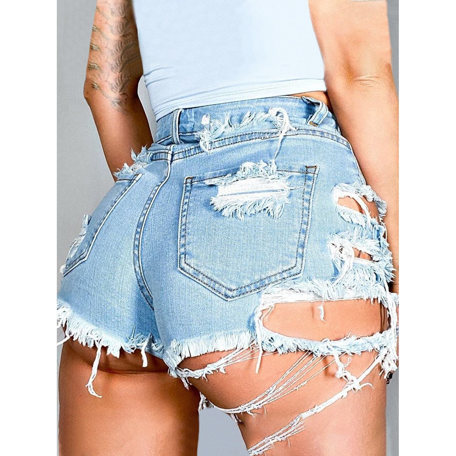 Distressed Raw Hem Denim Shorts with Pockets - TiffanyzKlozet