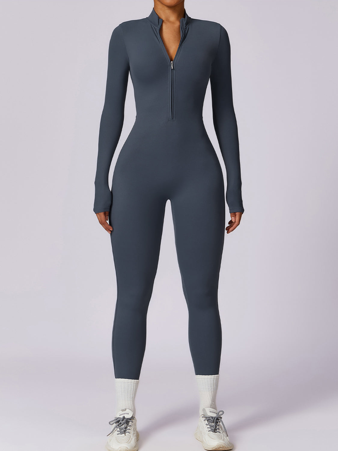 Zip Up Mock Neck Long Sleeve Jumpsuit - TiffanyzKlozet