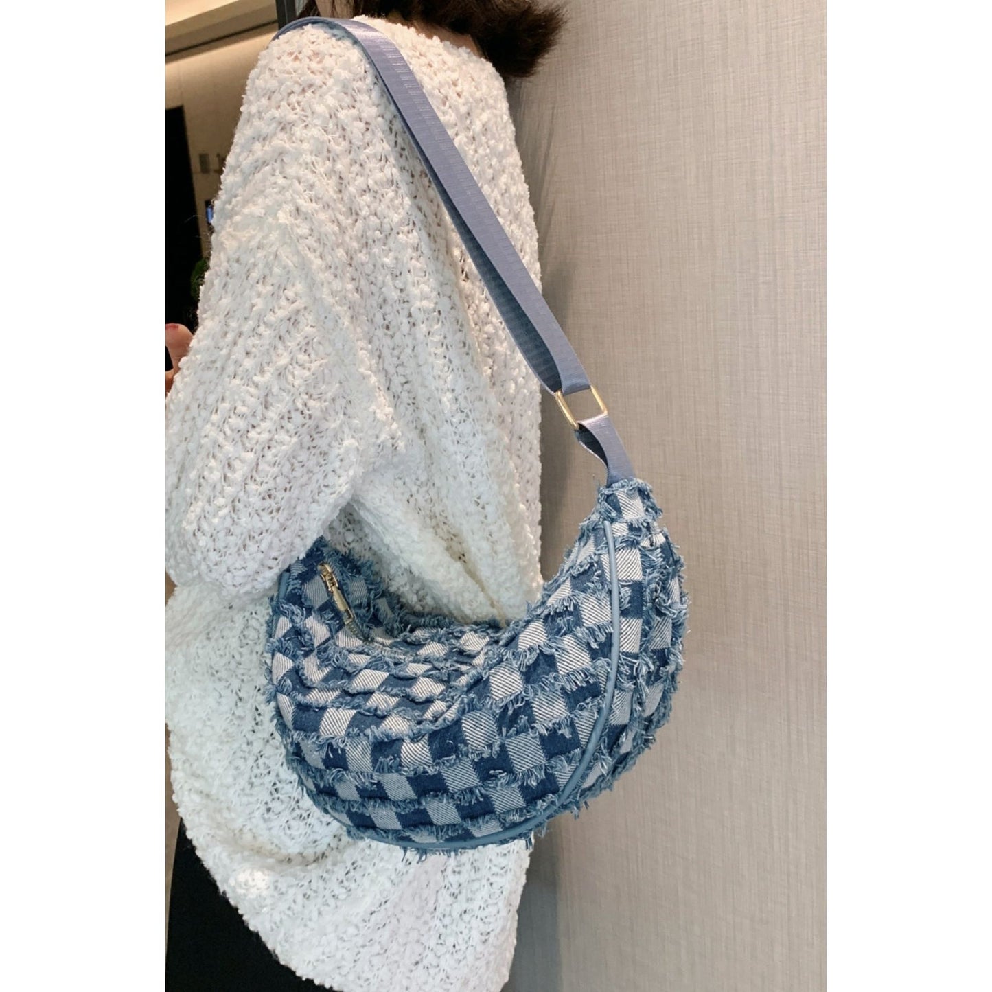 Raw Hem Checkered Denim Crossbody Bag