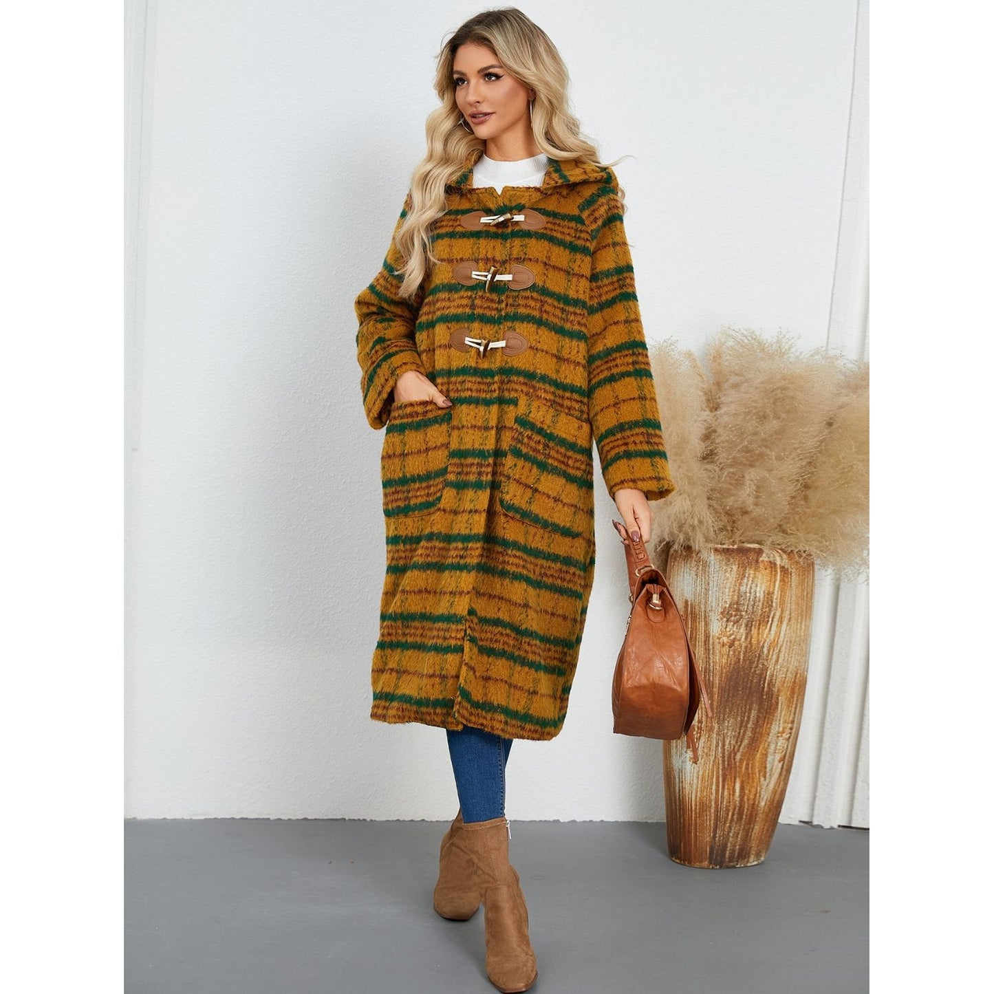 Plaid Long Sleeve Hooded Coat with Pockets