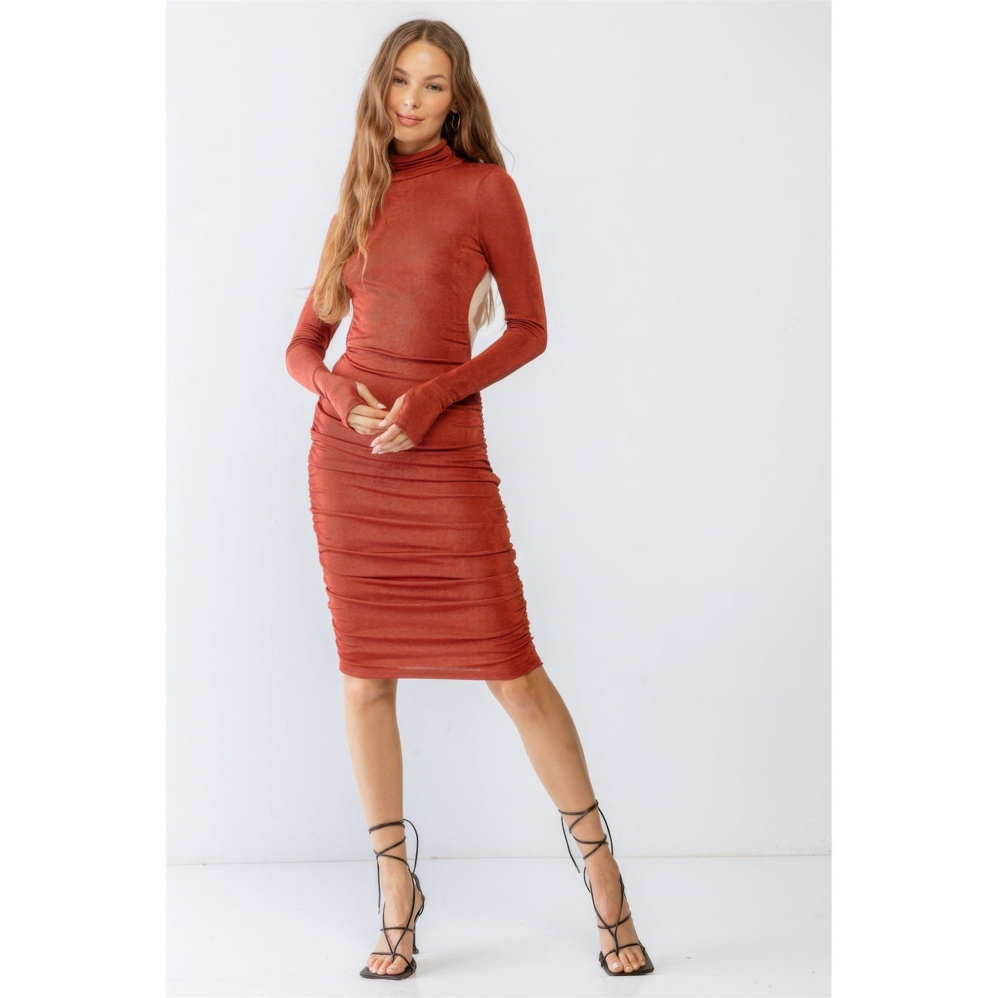 Brick Satin Effect Ruched Turtle Neck Open Back Midi Dress