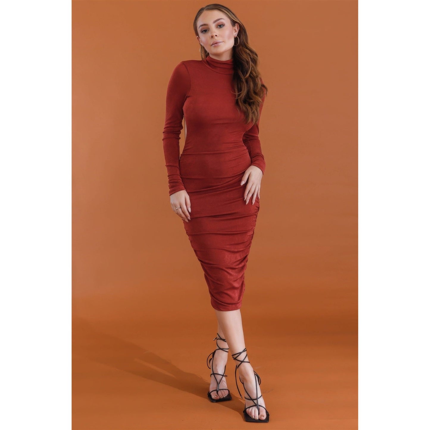 Brick Satin Effect Ruched Turtle Neck Open Back Midi Dress