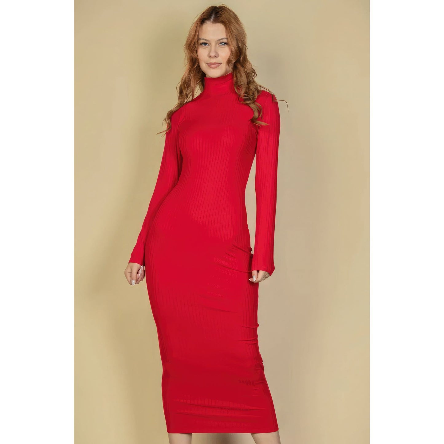 Ribbed Mock Neck Long Sleeve Bodycon Midi Dress