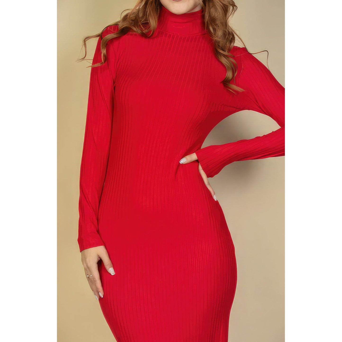 Ribbed Mock Neck Long Sleeve Bodycon Midi Dress