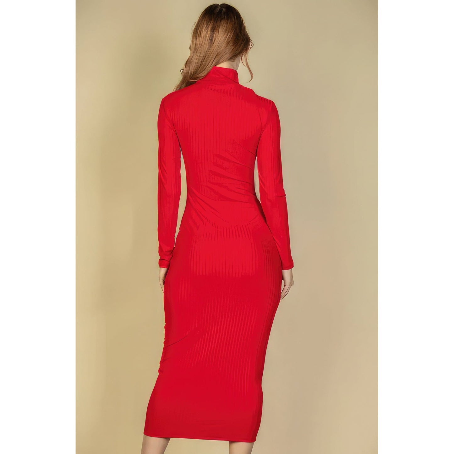 Ribbed Mock Neck Long Sleeve Bodycon Midi Dress