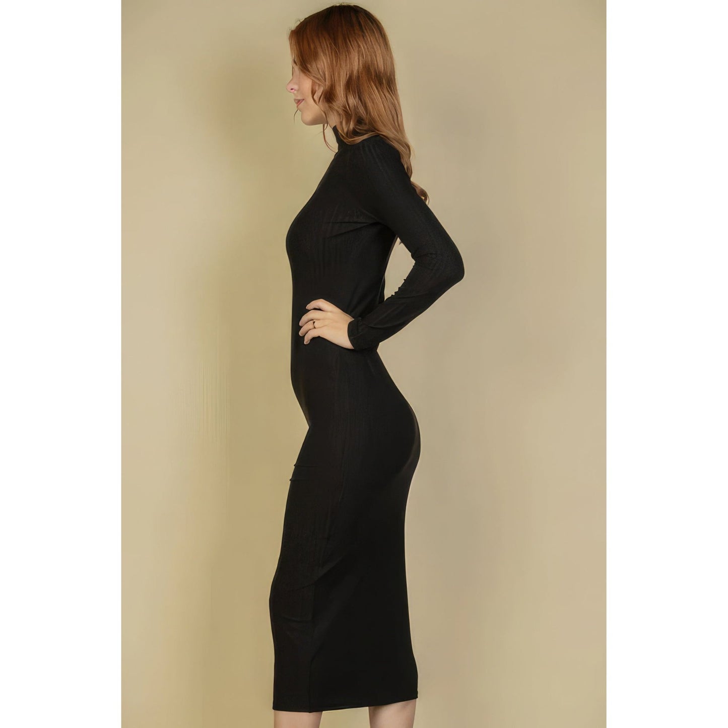 Ribbed Mock Neck Long Sleeve Bodycon Midi Dress