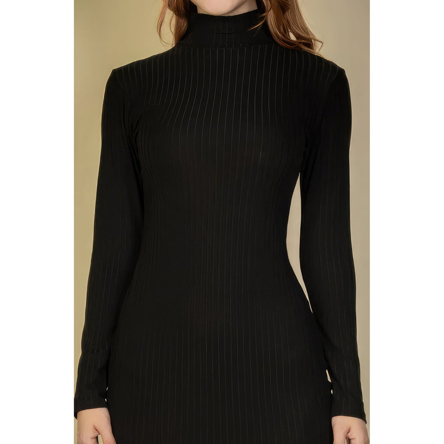 Ribbed Mock Neck Long Sleeve Bodycon Midi Dress