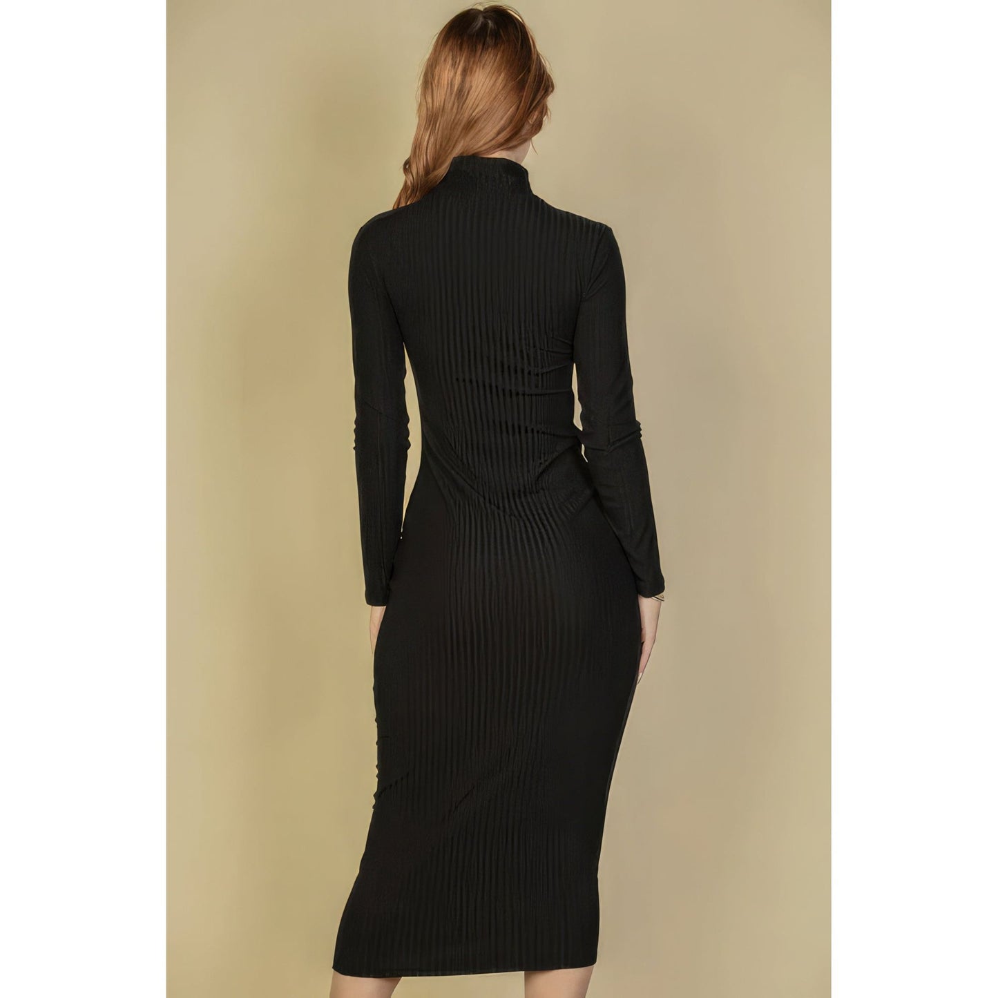 Ribbed Mock Neck Long Sleeve Bodycon Midi Dress