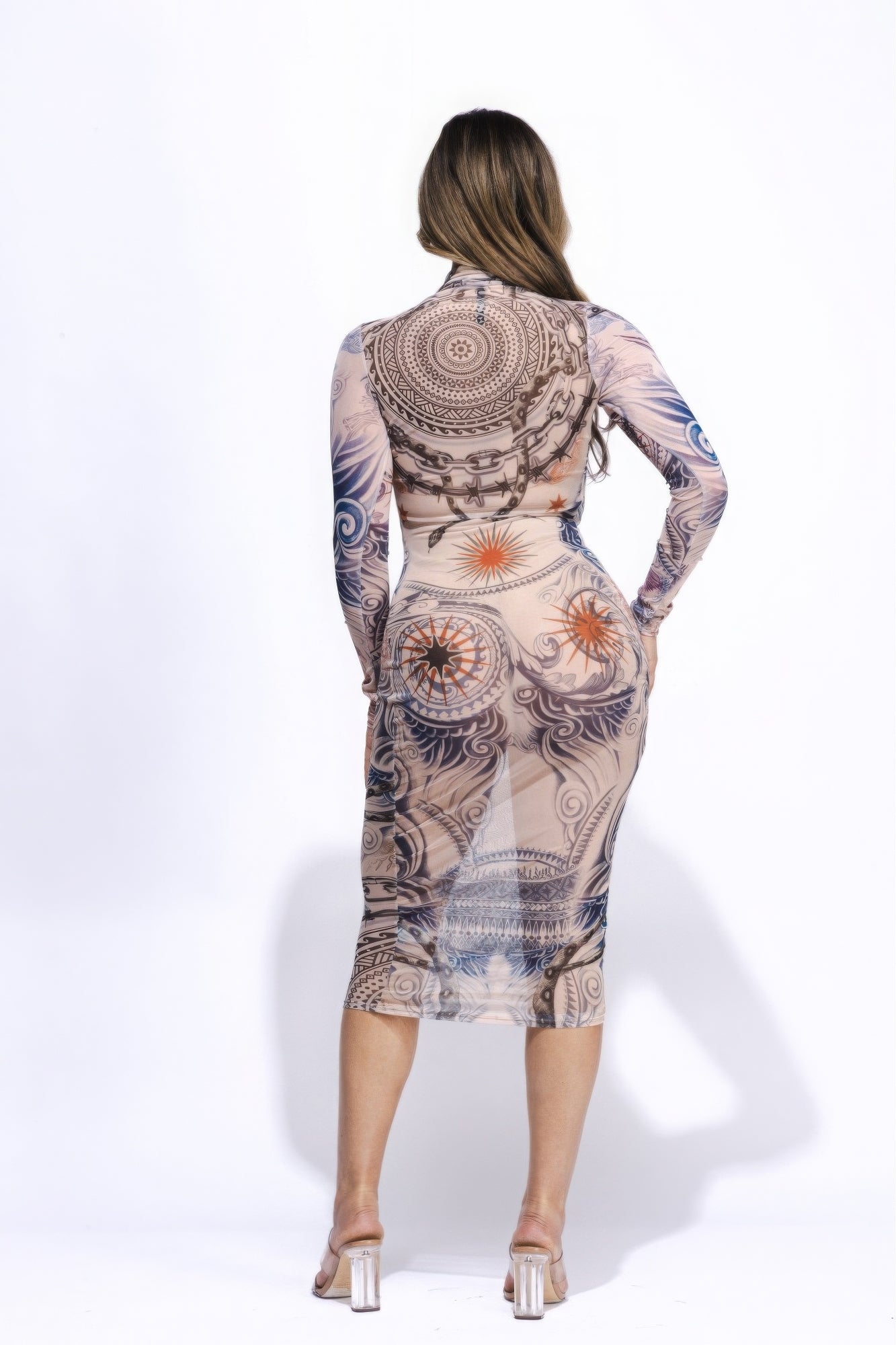 Tattoo Body Print Mesh Midi Dress - TiffanyzKlozet