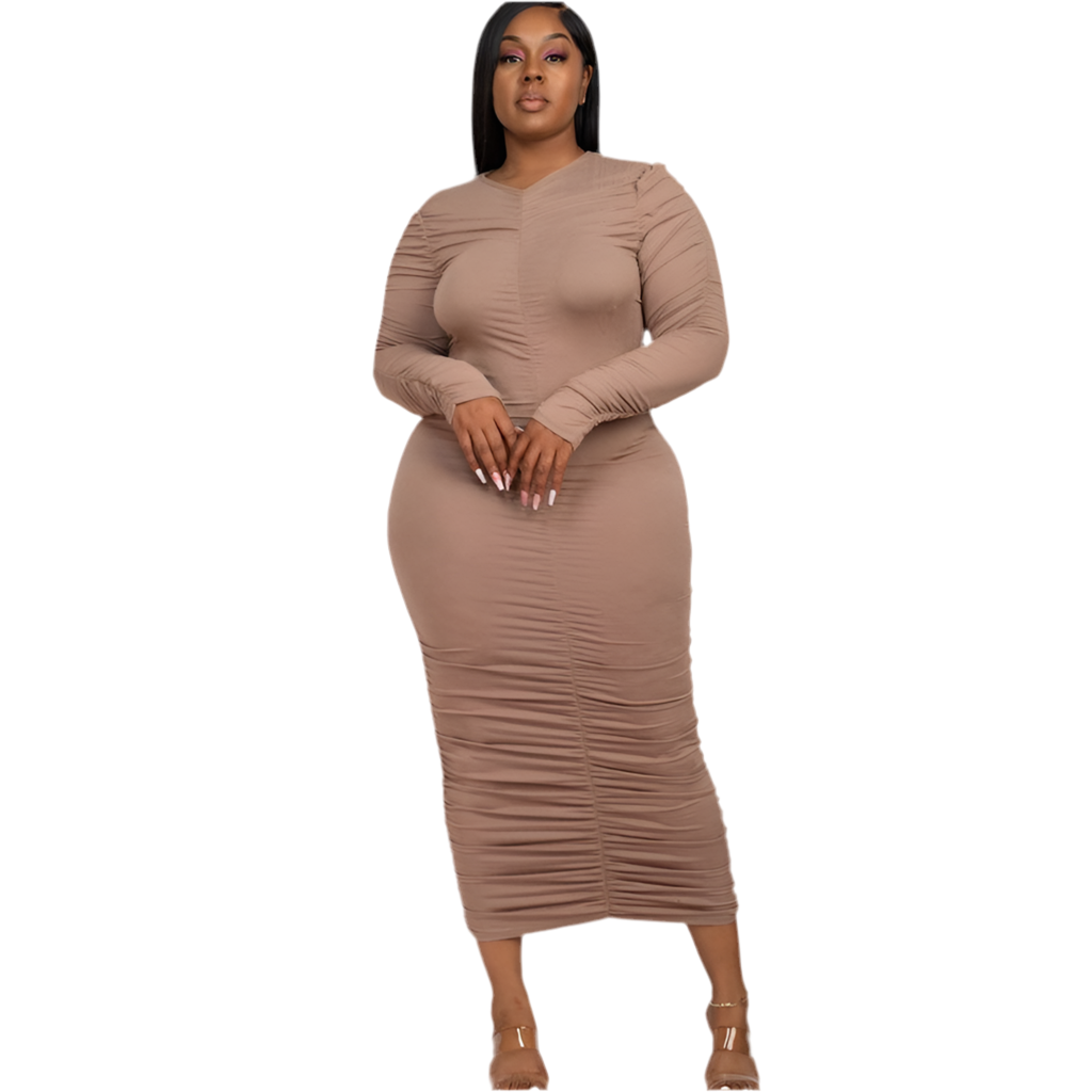 Ruched Long Sleeve Midi Dress