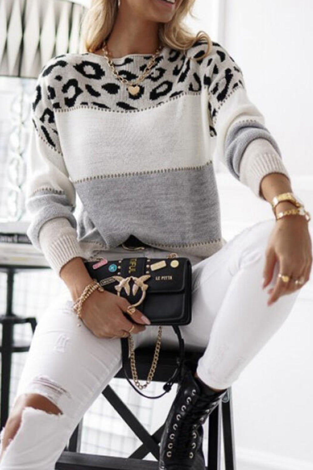 Full Size Round Neck Dropped Shoulder Color Block Sweater - TiffanyzKlozet