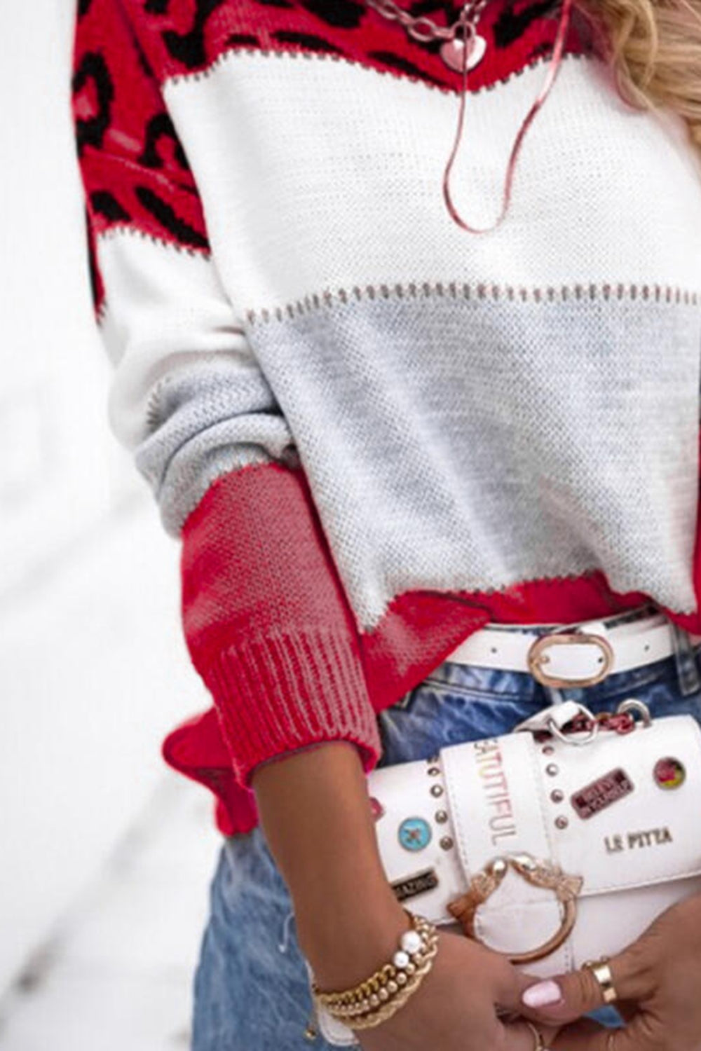 Full Size Round Neck Dropped Shoulder Color Block Sweater - TiffanyzKlozet