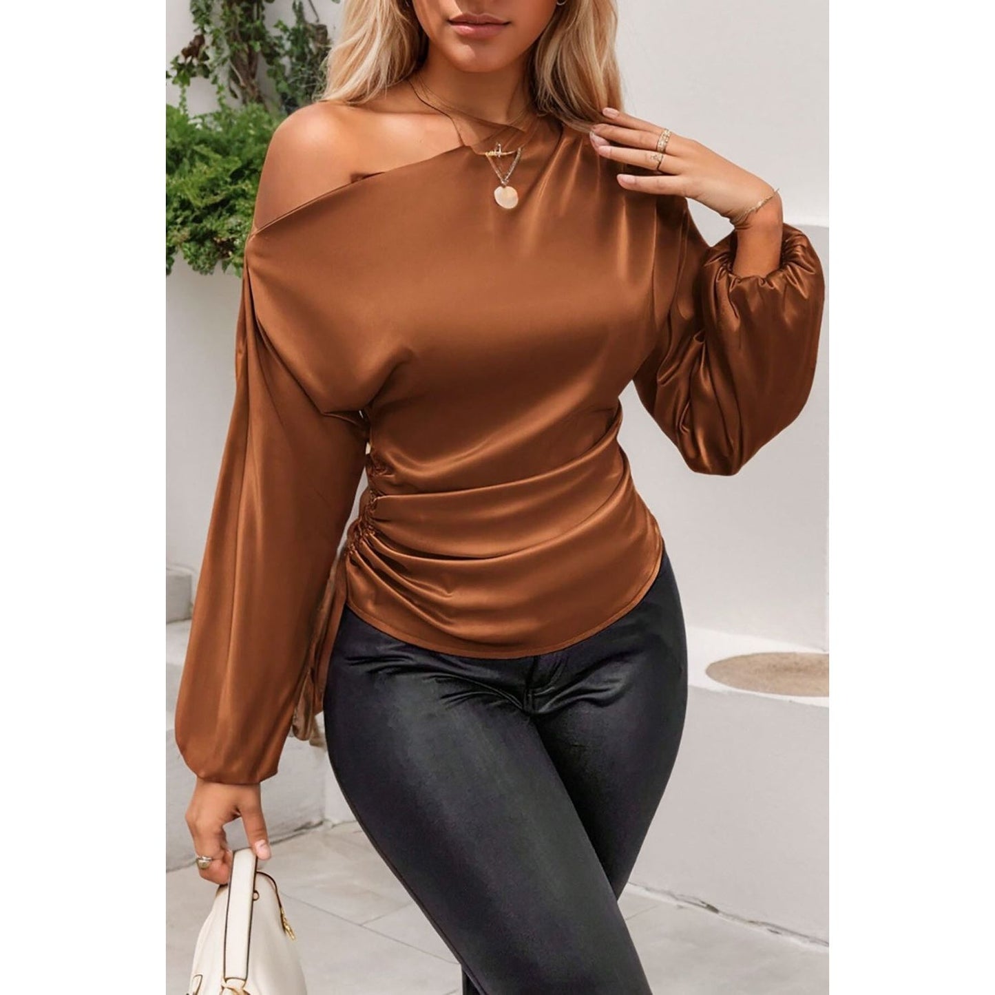 Drawstring One Shoulder Long Sleeve Blouse