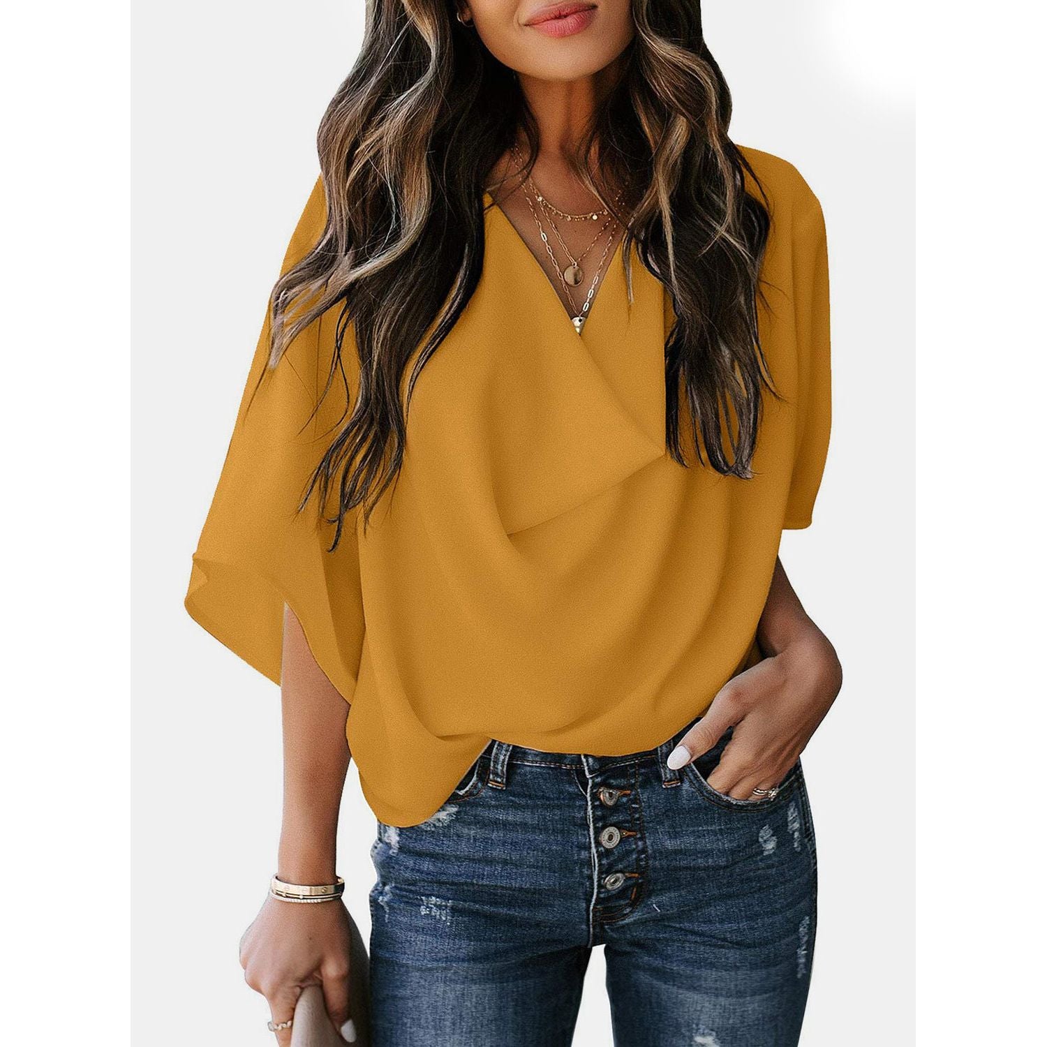 Full Size Cowl Neck Three-Quarter Sleeve Blouse - TiffanyzKlozet