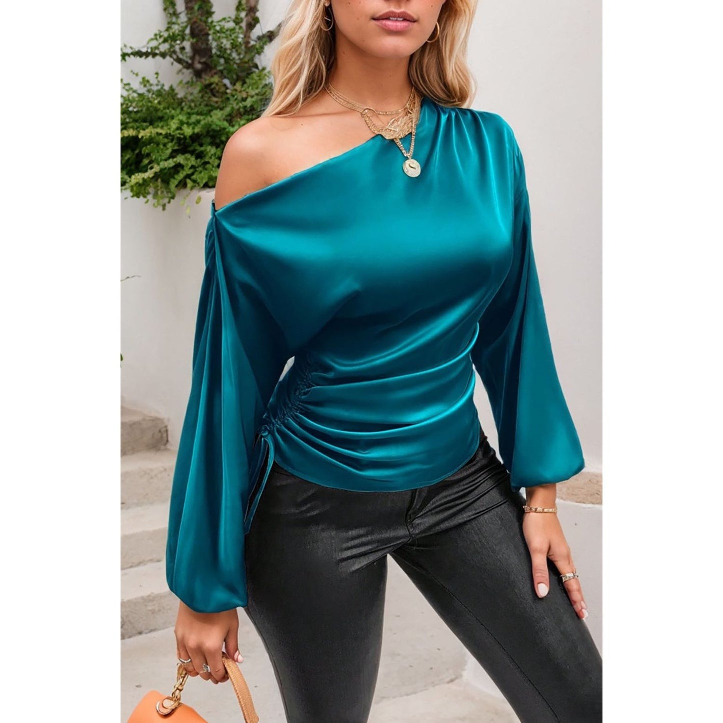 Drawstring One Shoulder Long Sleeve Blouse