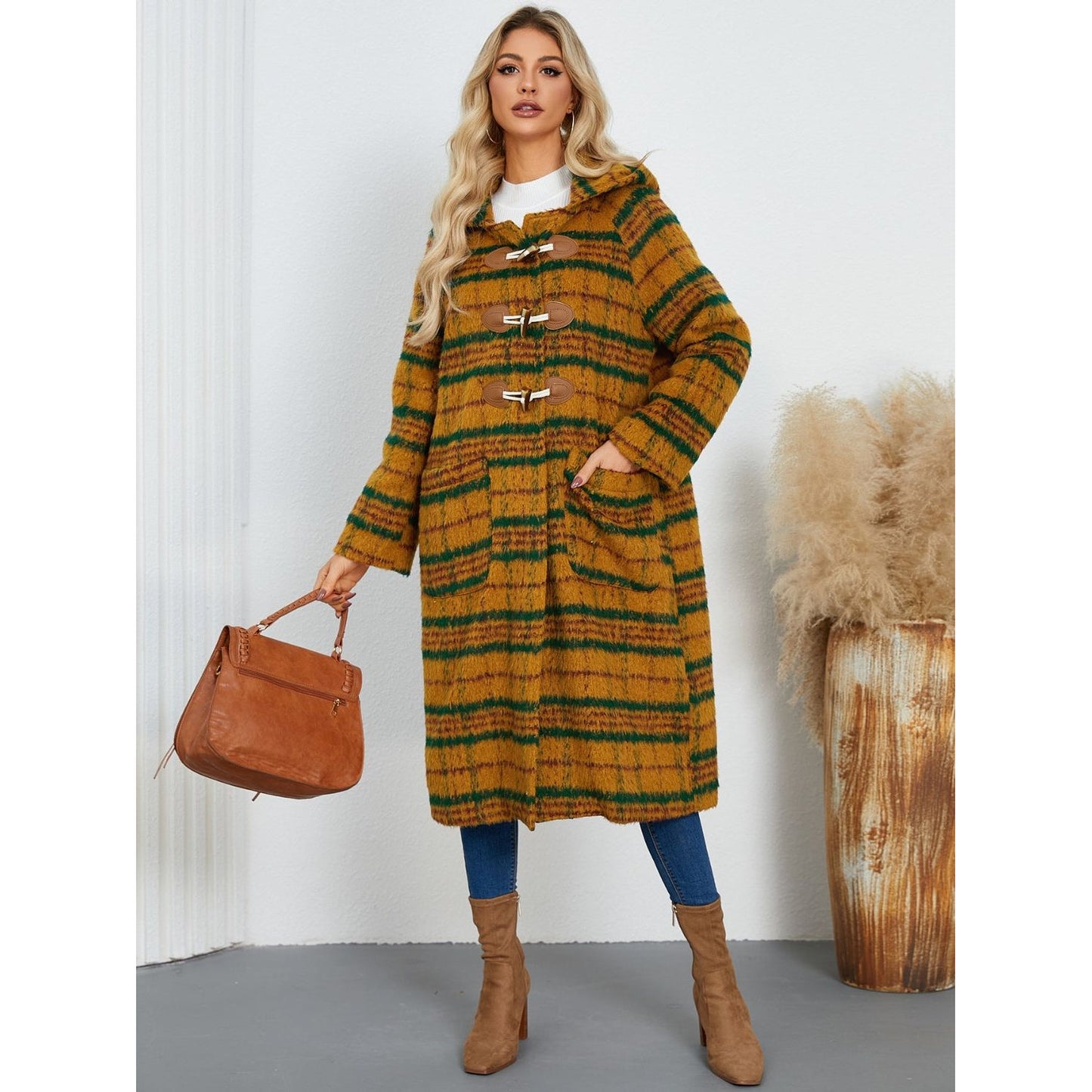 Plaid Long Sleeve Hooded Coat with Pockets