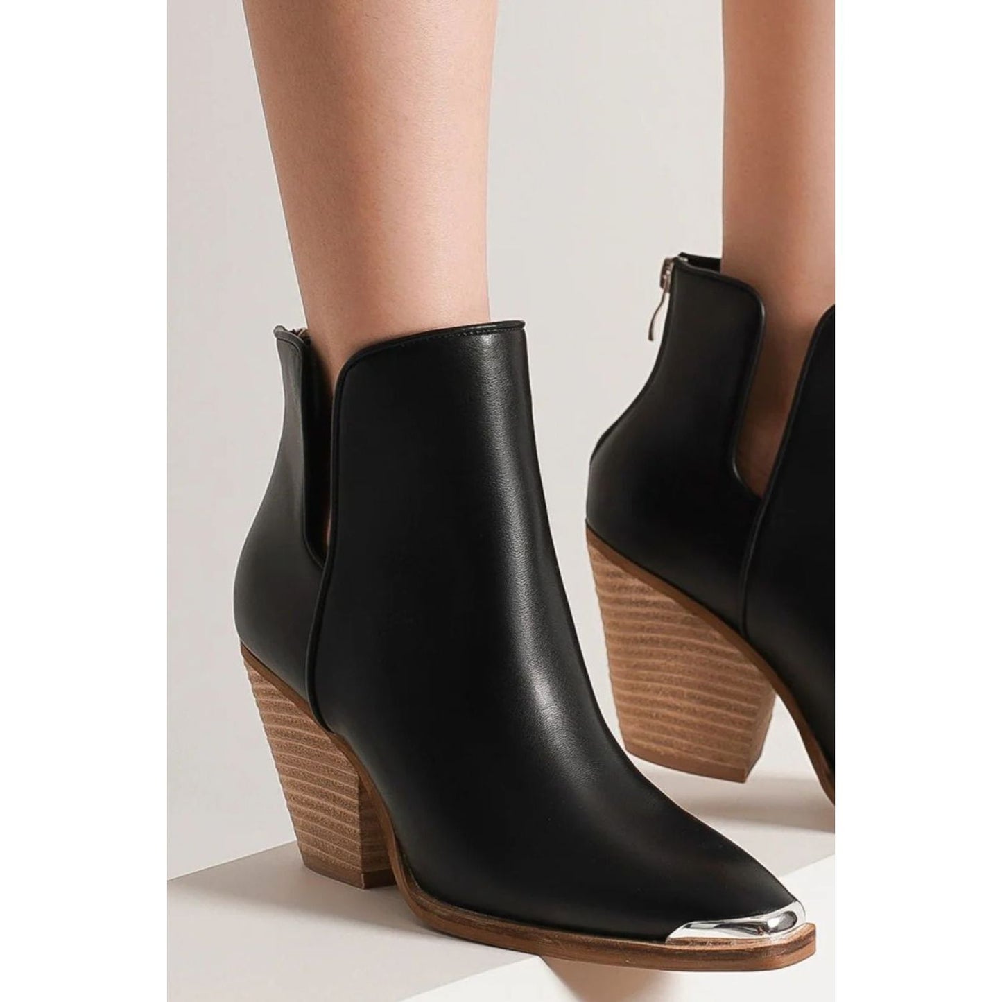 Beast Fashion Pointed Metal-Tip Toe Block Heel Ankle Boots