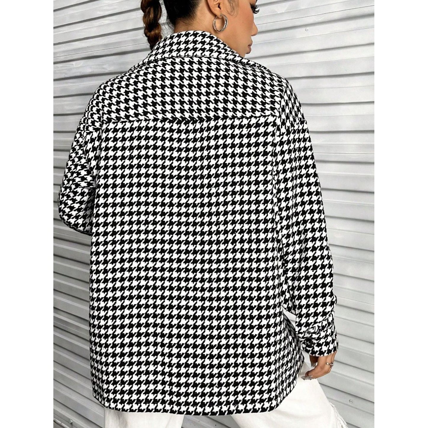 Houndstooth Button Down Long Sleeve Shacket