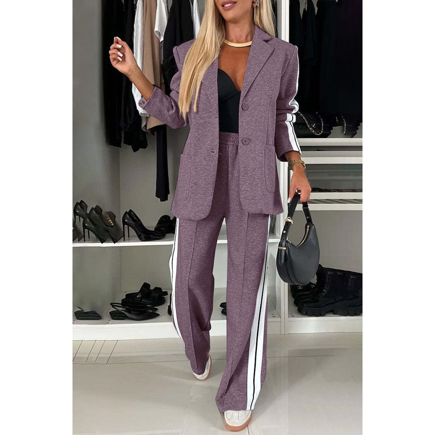 Full Size Contrast Lapel Collar Top and Pants Set