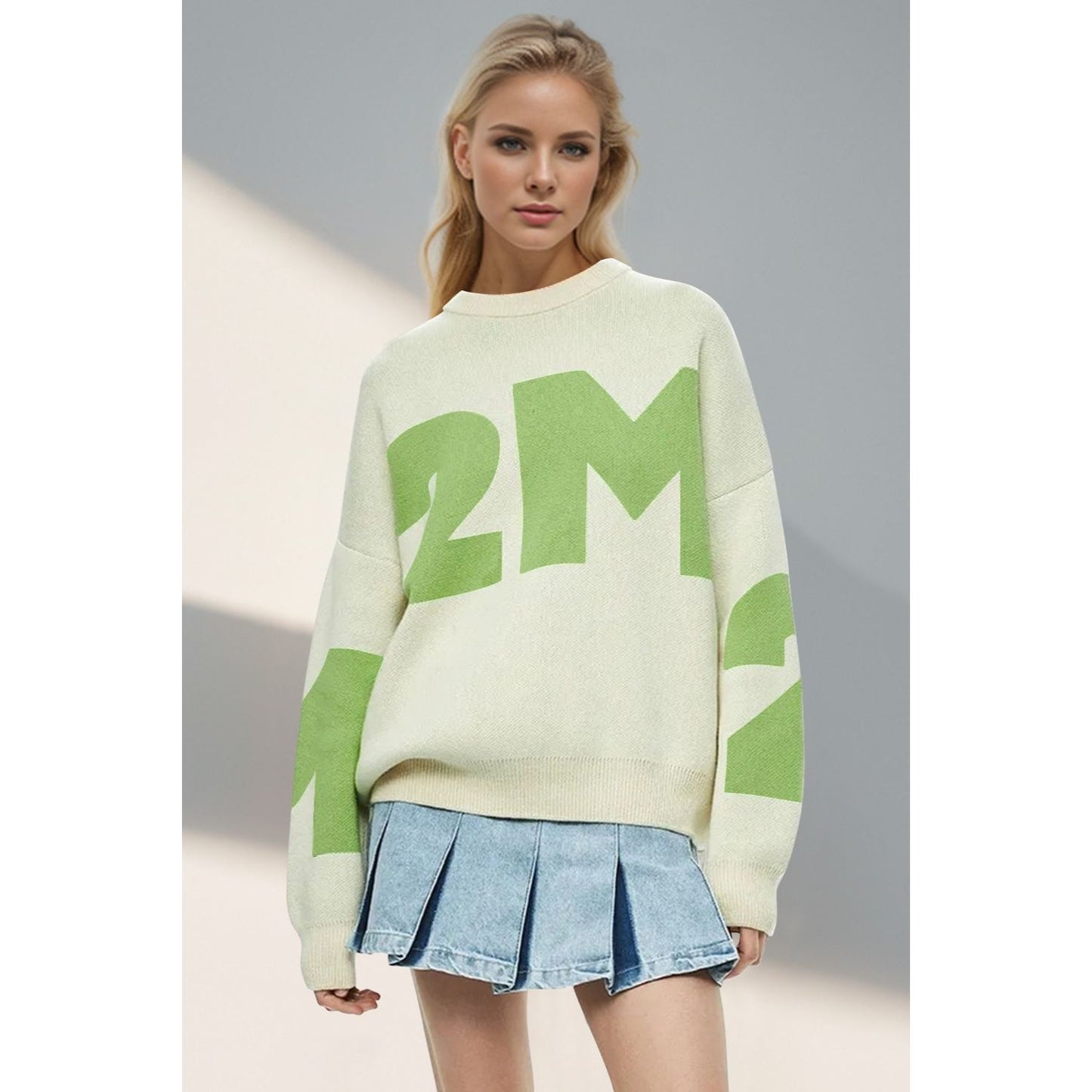 Basic Bae Contrast Letter Round Neck Long Sleeve Sweater