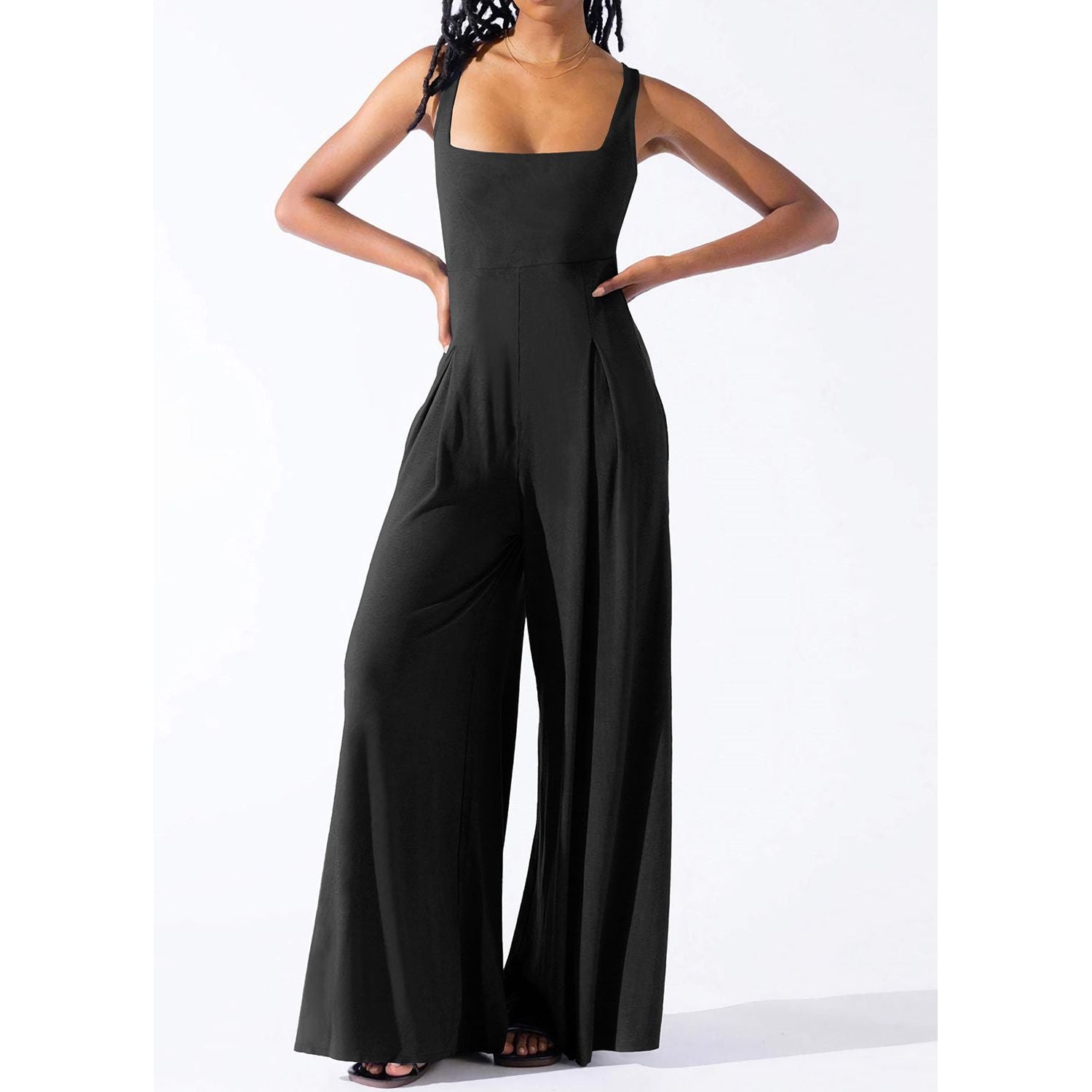 Square Neck Wide Strap Jumpsuit - TiffanyzKlozet