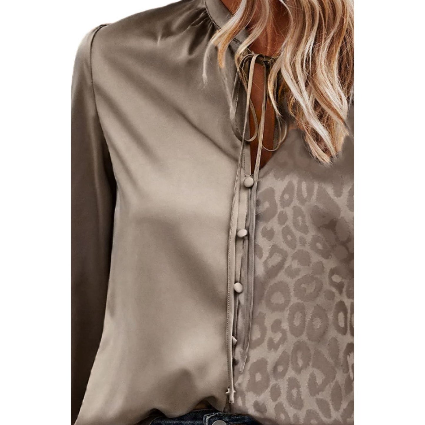 Leopard Tie Neck Long Sleeve Blouse