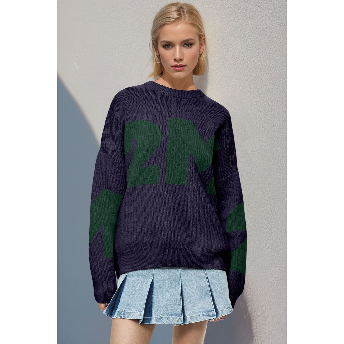 Basic Bae Contrast Letter Round Neck Long Sleeve Sweater