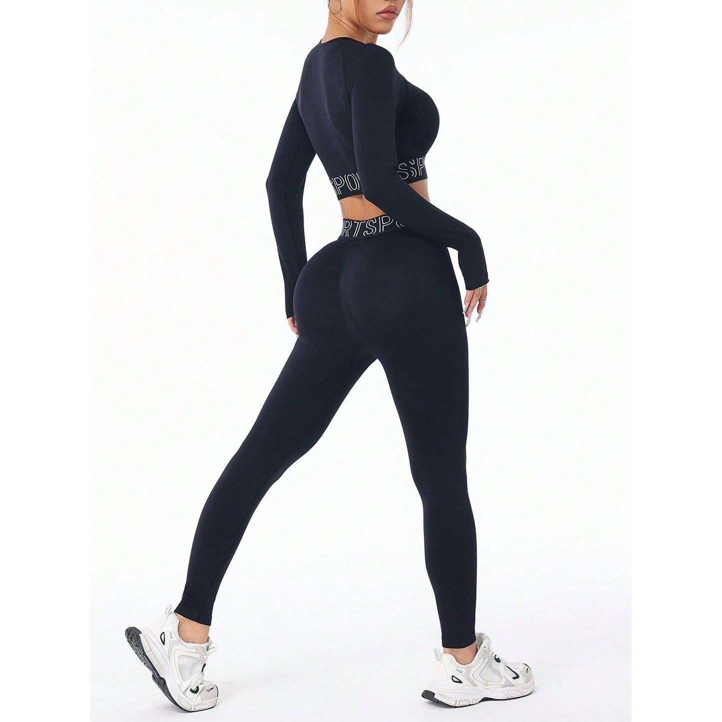 Letter Print Round Neck Long Sleeve Top and Leggings Active Set