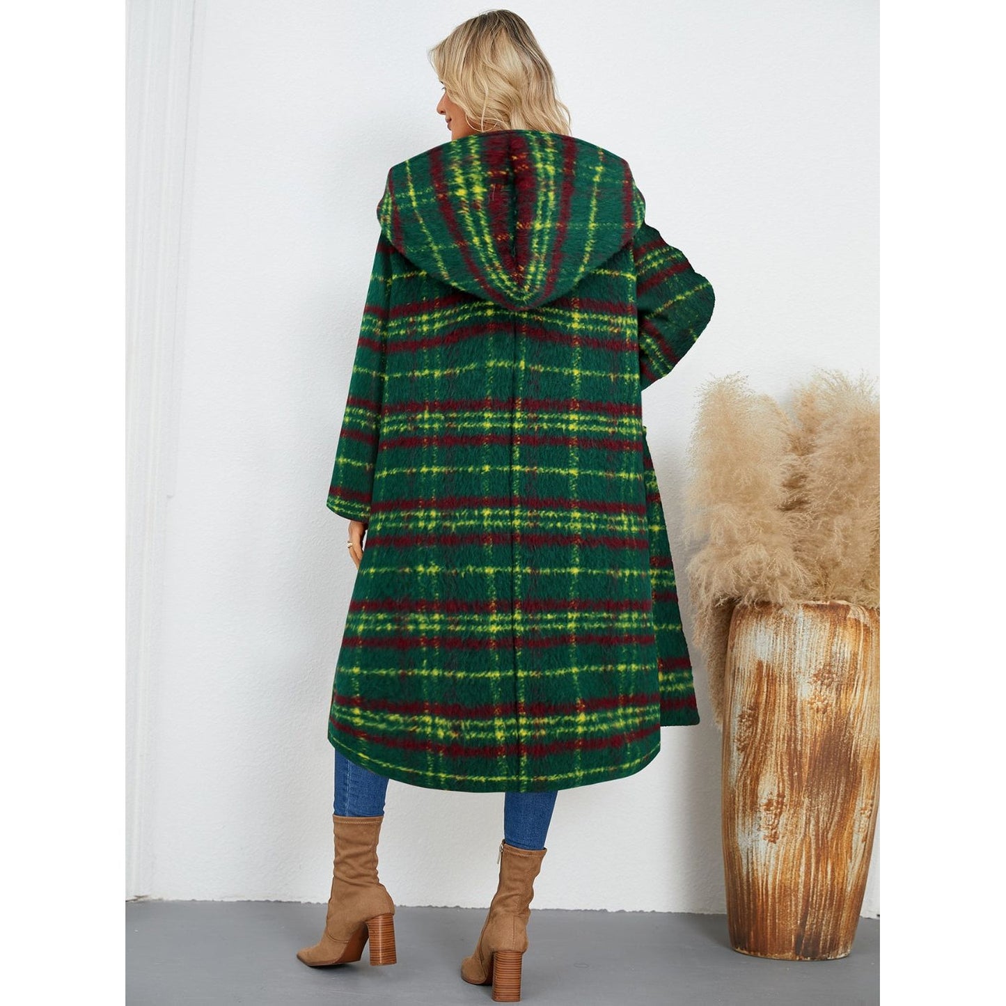 Plaid Long Sleeve Hooded Coat with Pockets